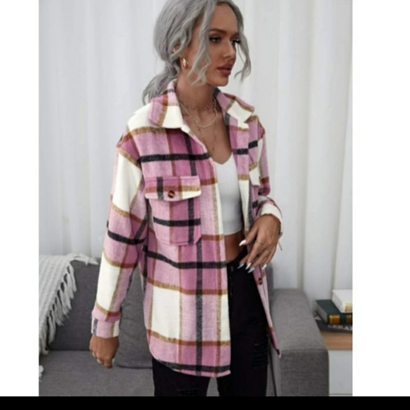 Pink Multicolor Plaid Button Front Coat - Picture 4 of 6
